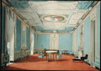 تصميم داخلي للقصر الكلاسيكي الجديد في نابولي ، حوالي عام 1830 (الغواش والألوان المائية مزينة بالذهب على الورق) بواسطة المدرسة الايطالية