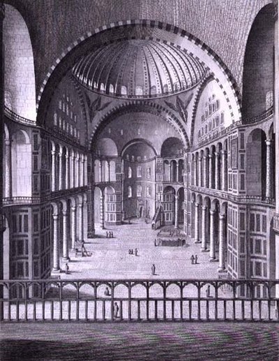 منظر من الداخل لمسجد سانتا صوفيا في القسطنطينية تم التقاطه عام 1786 ، نقش بواسطة دومينيكو برونتي (1788-1815) 1788 (نقش) بواسطة المدرسة الايطالية