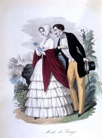 مشهد جالانت: زوجين أنيقين من الباريسيين العصريين. 1848 (نقش) بواسطة المدرسة الايطالية