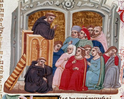 مُسند يخاطب حشدًا من المؤمنين المصغرين من "" Decret de Gratien "" ("Concordia discordantium canonum" أو "Decretum Gratiani") يعود تاريخه إلى عام 1140 وينظم قوانين وشرائع الكنيسة الرومانية الكاثوليكية. القرن الرابع عش بواسطة المدرسة الايطالية