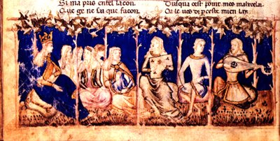 Add.12228 ، صفحة 222 ، ملكة تستمع إلى الموسيقى ، من Roman du Roy Meliadus de Leonnoys ، حوالي 1352 (ورق) بواسطة المدرسة الايطالية