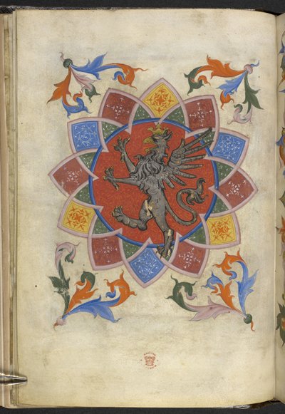 يضيف. 21965 ، f.5v شخصية الشعار: غريفين ، النظام الأساسي لنقابة الخياطين ، من "Matricula artificum Artis Sartorum civitatis Perusii" (حبر ولون على ورق) بواسطة المدرسة الايطالية