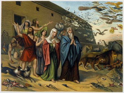 بعد الطوفان ، خرج نوح وعائلته وحيواناته من الفلك - في "Aurea Bible Classic: تاريخ الوحي الإلهي في التوتر القديم والجديد" بقلم جيوفاني لاديسلاو سيكورا (المجلد 1) ، ترجمة دون كليمنتي بينيتي. (الكتاب المقدس الإيطالي) بواسطة المدرسة الايطالية