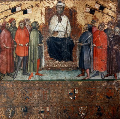 Allegory of the government of the city of Siena surrounded by citizens who are symbolically linked to it by a rope Anonymous painting on wood of a Biccherna (cover of the accounting register of the city of Siena) 1385. Siena Archivio di Stato, Italy بواسطة المدرسة الايطالية