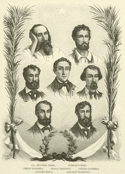 Avv Anacarsi Nardi ، Domenico Moro ، Emilio Bandiera ، Nicola Ricciotti ، Attilio Bandiera ، Giacomo Rocca ، Giovanni Venerucci (نقش) بواسطة المدرسة الايطالية