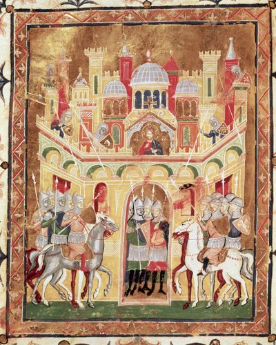 مشهد معركة على أسوار القدس ، من Descriptio Terrae Sanctae بواسطة Burcardus Theutonicus أو Burchard of Mount Sion بواسطة المدرسة الايطالية