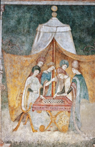 Bicocca degli Arcimboldi: لوحة جدارية من القرن الخامس عشر ، تفاصيل لعبة الداما (في الهواء الطلق) بواسطة المدرسة الايطالية
