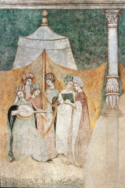 Bicocca degli Arcimboldi: لوحة جدارية من القرن الخامس عشر ، تفاصيل عن نساء يعزفن الموسيقى (في الهواء الطلق) بواسطة المدرسة الايطالية