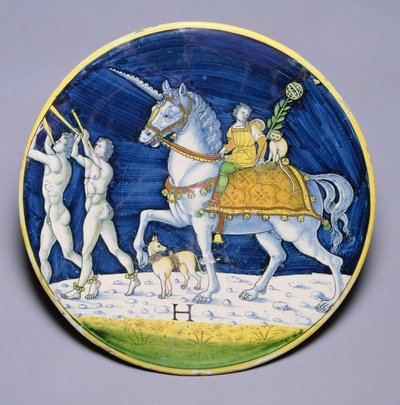 C.86-1927 طبق يصور حصان قيصر من انتصار قيصر ، منسوب إلى جاكوبو دي بيترو ، إيطالي ، من كافاجيولو بواسطة المدرسة الايطالية