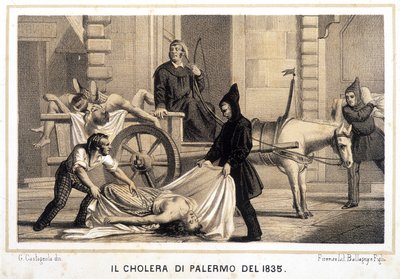 عربة تنقل القتلى أثناء وباء الكوليرا في باليرمو عام 1835. بواسطة المدرسة الايطالية