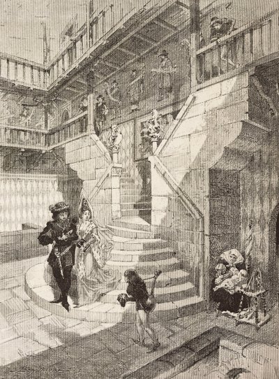 Castle courtyard, medieval village in Turin, Italy, engraving by Bonamore from L