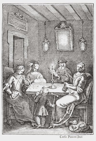 Chiaqlira قراءة حكايات لحفلة خياطة ، الغلاف الأمامي للبنتاميرون من Giambattista Basile ، 1742 بواسطة المدرسة الايطالية