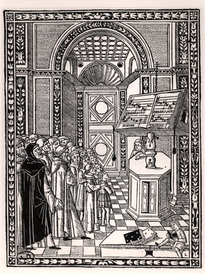 جوقة الكنيسة ، رسم توضيحي من Practica Musicae بواسطة Franchino Gaffurio (1451-1522) ، نشر في البندقية 1512 بواسطة المدرسة الايطالية