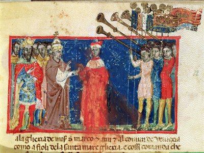 Codex Correr I 383 Doge Sebastiani Ziani يتلقى عريضة من البابا ألكسندر الثالث (1159-81) والإمبراطور فريدريك بارباروسا (c.1123-90) بواسطة المدرسة الايطالية