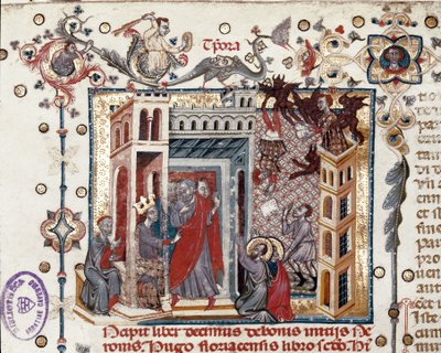 Codices Cavenses، Cod.25 f.181، Simon Magus، Emperor Nero، and Apostles، miniature from Speculum Historiale، Part I، بقلم فنسنت دي بوفيز ، c.1320 (درجة الحرارة على الرق) بواسطة المدرسة الايطالية
