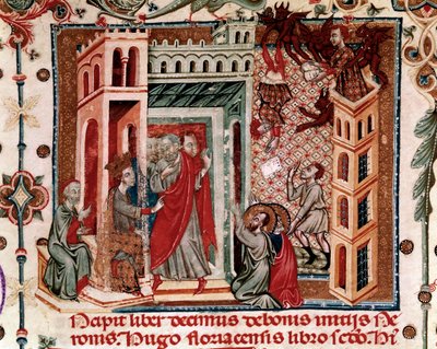 Codices Cavenses، Cod.25 f.181، Simon Magus، Emperor Nero، and Apostles، miniature from Speculum Historiale، Part I، بقلم فنسنت دي بوفيز ، c.1320 (درجة الحرارة على الرق) بواسطة المدرسة الايطالية