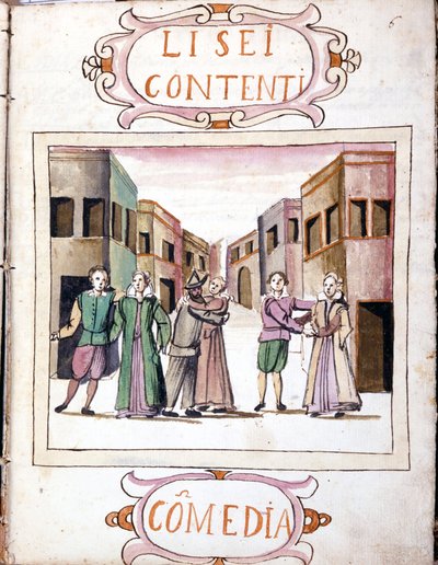 كوميديا ​​من تأليف Li sei contenti بعد مجلد مخطوطة "سيناريوهات المسرحيين المختارين" (1621 - 1643). روما ، Accademia dei Lincei. بواسطة المدرسة الايطالية