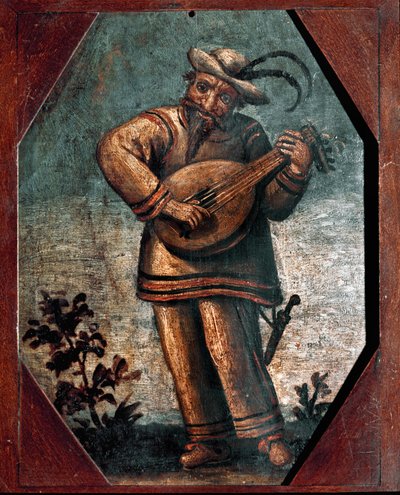 Commedia dell'arte: تمثيل شخصية زاني ، قناع الكوميديا الإيطالية ، العزف على العود. لوحة مجهولة من القرن الثامن عشر. مكتبة ومتحف Teatrale del Burcardo روما بواسطة المدرسة الايطالية