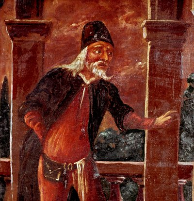 Commedia dell'arte: "" تمثيل شخصية Pants (Pantalone) ، قناع الكوميديا الإيطالية "" لوحة مجهولة من القرن الثامن عشر. مكتبة ومتحف Teatrale del Burcardo روما بواسطة المدرسة الايطالية