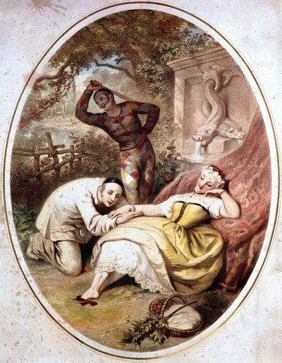 Commedia dell'arte: "" تمثيل شخصيات Pierrot (المستوحاة من Pedrolino) في حب كولومبين وتهديدها Harlequin (Harlequin ، Arlecchino) ، أقنعة الكوميديا الإيطالية "" الطباعة الحجرية للقرن التاسع عشر. مكتبة ومتحف تياترال ديل بواسطة المدرسة الايطالية