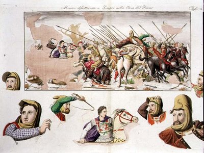 نسخة من فسيفساء الإسكندر من House of the Faun ، بومبي ، اللوحة 10 ، الفئة 6 من الجزء الأول من `` تاريخ الأمم '' (أكواتينت) بواسطة المدرسة الايطالية