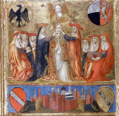 تتويج بيوس الثاني (Enea Silvio Piccolomini) (1405-1464). البابا الإيطالي (1458 - 1464). يقع الطابق السفلي في مدينة سيينا المحصنة. Bicherna (غلاف السجل المحاسبي لمدينة سيينا) من عام 1460. الأرشيف الوطني - Museo delle Tavolette de B بواسطة المدرسة الايطالية