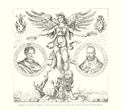 Cosme I و Alexandre de Medicis ، نسخة طبق الأصل من نقش بقلم Martin Rota ، بعد إثبات المتحف البريطاني (نقش) بواسطة المدرسة الايطالية