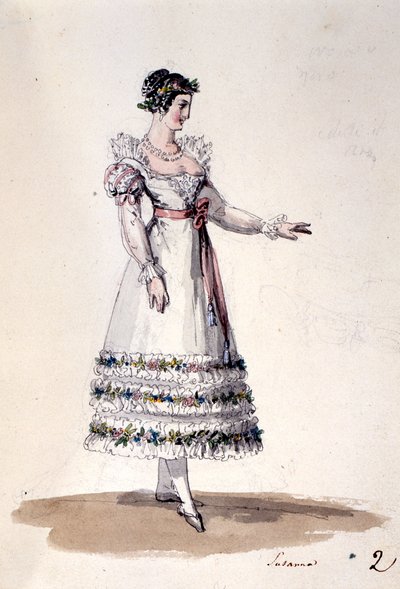 تصميم أزياء سوزانا ، من "زواج فيجارو" بقلم فولفغانغ أماديوس موزارت ، حوالي عام 1880 (لون ليثو) بواسطة المدرسة الايطالية
