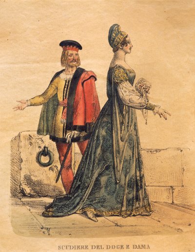 Costume design for a squire of the Doge and a lady, from 