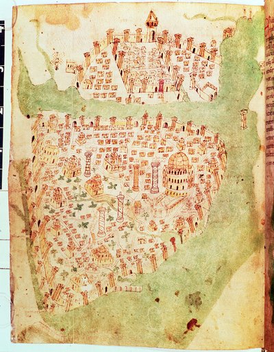 قطن فيسباسيان أ.الثالث عشر ، ص 36: خريطة القسطنطينية ، حوالي 1450 (رق) بواسطة المدرسة الايطالية