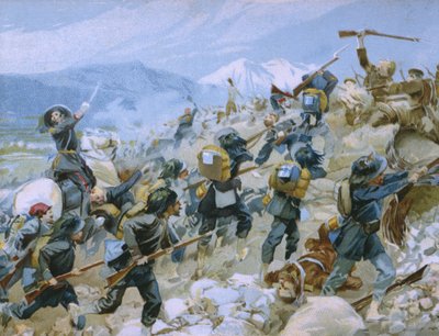 حرب القرم ومعركة تشيرنايا ، 16 أغسطس 1855 ، توضيح من ألبوم عن تاريخ Risorgimento المصنوع للشوكولاتة Talmone ، أواخر القرن التاسع عشر بواسطة Italian School