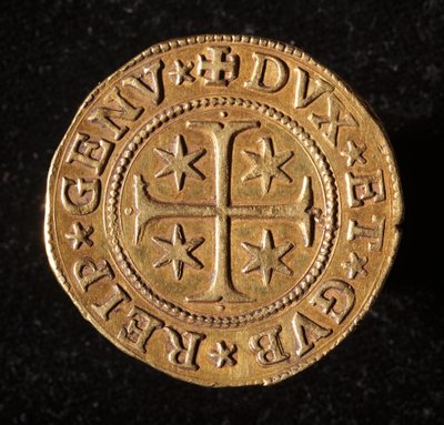 عملة جمهورية الجينات: خمس عملات ذهبية مزدوجة. ديم. 41 ملم 1642. الجبهة. الجينات Musei di Strada Nuova بواسطة المدرسة الايطالية