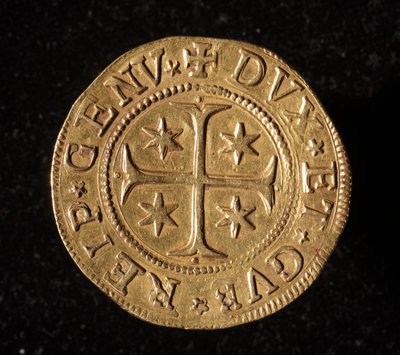 عملة جمهورية الجينات: خمس عملات ذهبية مزدوجة. ديم. 41 ملم 1652. الجبهة. الجينات Musei di Strada Nuova بواسطة المدرسة الايطالية