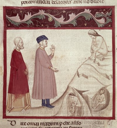 يلتقي دانتي وفيرجيل (70-19 قبل الميلاد) الأرواح المسجونين في الصخور ، من الكوميديا الإلهية لدانتي أليغييري (1265-1321) بواسطة المدرسة الايطالية