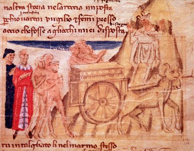 Dante and Virgil and the chariot and the oxen pulling the Ark (song X from Purgatory, in the Divine Comedy) - miniature بواسطة المدرسة الايطالية