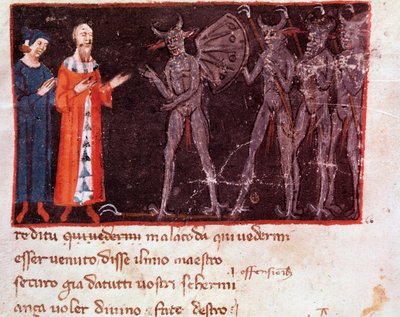 يتحدث دانتي وفيرجيل مع Malacoda ، زعيم أسراب Malebranche (أغنية 21 من الجحيم ، في الكوميديا الإلهية) - مصغرة بواسطة المدرسة الايطالية
