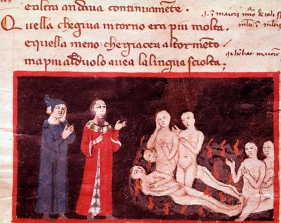دانتي وفيرجيل محاطان بالعنفين (أغنية 14 من الجحيم ، في الكوميديا الإلهية) - مصغر من القرن الرابع عشر بواسطة المدرسة الايطالية