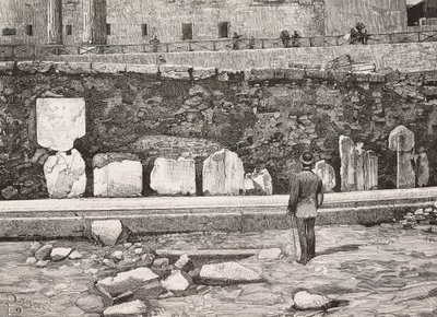 Decorative hemicycle in Roman Forum, Rome, Italy, engraving from drawing by Dante Paolocci, from L