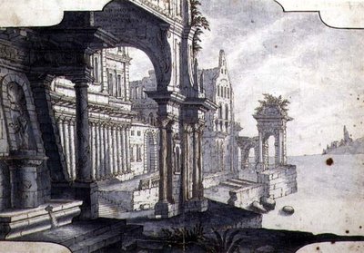 تصميم لمجموعة المسرح ، حوالي 1750 (قلم وحبر وألوان مائية على ورق) بواسطة المدرسة الايطالية