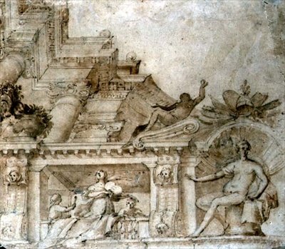 تصميم لسقف Trompe l'Oeil مع أشكال فينوس ، حوالي 1580 (قلم حبر وحبر وغسل بني داكن على الورق) بواسطة المدرسة الايطالية