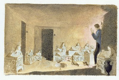 اكتشاف مقابر الأتروسكان. رسم توضيحي من Monumenti Etruschi بواسطة فرانشيسكو إنغيرامي (1772-1846) ، نشر في Fiesole ، 1825 (نقش الألوان) بواسطة المدرسة الايطالية