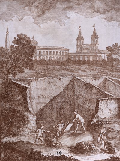 اكتشاف منزل ولوحة جدارية في روما عام 1780 ، رسم توضيحي من التحف الأثرية Peintures يعيد صياغة لور ديون فويل أون 1780 ، نُشر في روما 1783 بواسطة المدرسة الايطالية