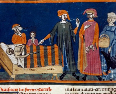 أرصفة بجانب سرير مجسم صغير لمدرسة فلورنسا من طبعة ملحق لـ "Pater noster" لسير Zucchero Bencivenni (MS.II.VI 16) بداية القرن الرابع عشر ، مكتبة فلورنسا الوطنية بواسطة المدرسة الايطالية
