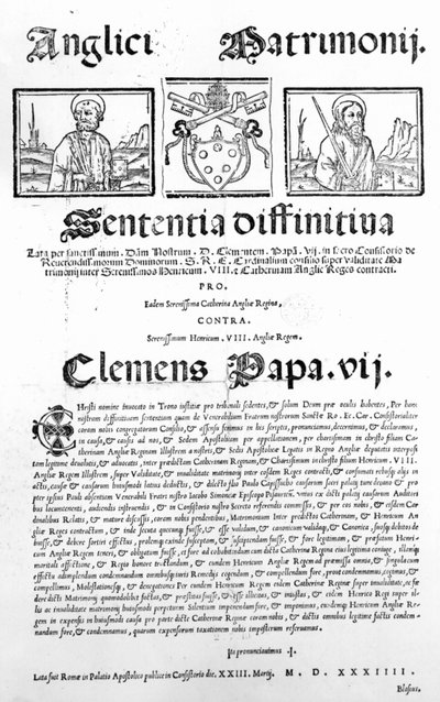 وثيقة تعلن حكم البابا على صحة زواج هنري الثامن وكاترين أراغون ، 1534 (طباعة) بواسطة المدرسة الايطالية