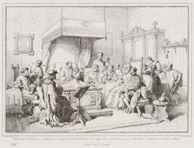 Domenico Veniero, reso infermo, e confortato dai letterati, che appo lui convenivano per  (engraving) بواسطة المدرسة الايطالية