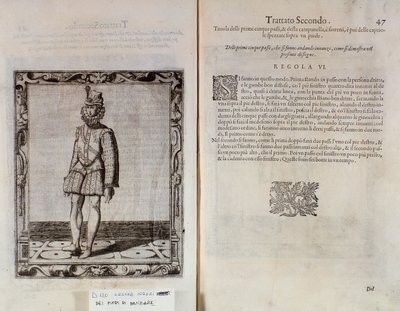 صفحة مزدوجة من Le Gratie dAmore (Le Grazie dAmore) للراقصة الإيطالية سيزار نيجري تسمى Il Trombone (1536-1604) ، معاهدة على الرقص بواسطة المدرسة الايطالية