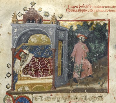 Egerton MS 943 f.3 الجحيم: حلم دانتي وروحه تغادر جسده ، من "Divina Commedia" (الكوميديا الإلهية) لدانتي ألغيري (حبر ولون على ورق) بواسطة المدرسة الايطالية