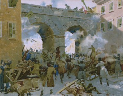 الأحداث من 18 إلى 22 مارس 1848 ، ميلانو يطارد النمساويين ، توضيح من ألبوم عن تاريخ Risorgimento المصنوع للشوكولاتة Talmone ، أواخر القرن التاسع عشر بواسطة المدرسة الايطالية