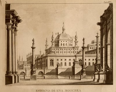 الجزء الخارجي من مسجد ، تم وضع تصميم لـ "Ricciardo and Zoraide" بواسطة Gioachino Rossini (litho) بواسطة المدرسة الايطالية