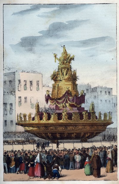 عيد سانتا روزاليا في باليرمو (1130-1160) ، شفيع باليرمو - عيد سانتا روزاليا - (شفيع باليرمو في إيطاليا) عيد سانتا روزاليا في باليرمو في صقلية - عيد سانتا روزاليا - نقش من " "استخدامات وعادات توت بواسطة المدرسة الايطالية